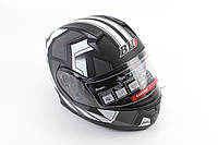 Шлем модуляр, закрытый с откидным подбородком+откидные очки BLD-162 М (57-58см), ЧЁРНЫЙ матовый с бело-серым