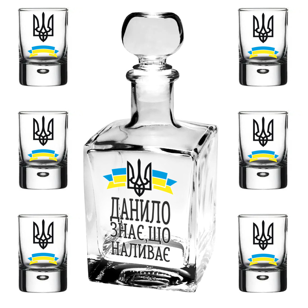 Подарунковий набір " Графин-куб 500 мл + 6 чарок - Данило знає, що наливає", фото 1
