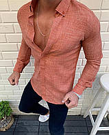 Мужская рубашка с длинным рукавом (терракот) стильная молодежная посадка слим коттон Мо89-122