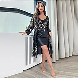 Жіночий атласний комплект халат з поясом і пеньюар у чорному кольорі, фото 2