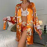 Яскравий помаранчевий халат на запах з поясом, комплект шорти та мереживний топ, фото 3