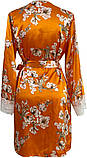 Яскравий помаранчевий халат на запах з поясом, комплект шорти та мереживний топ, фото 6