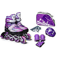Дитячі розсувні ролики 34-37 з комплектом захисту та шоломом Happy Violet підсвічування колеса