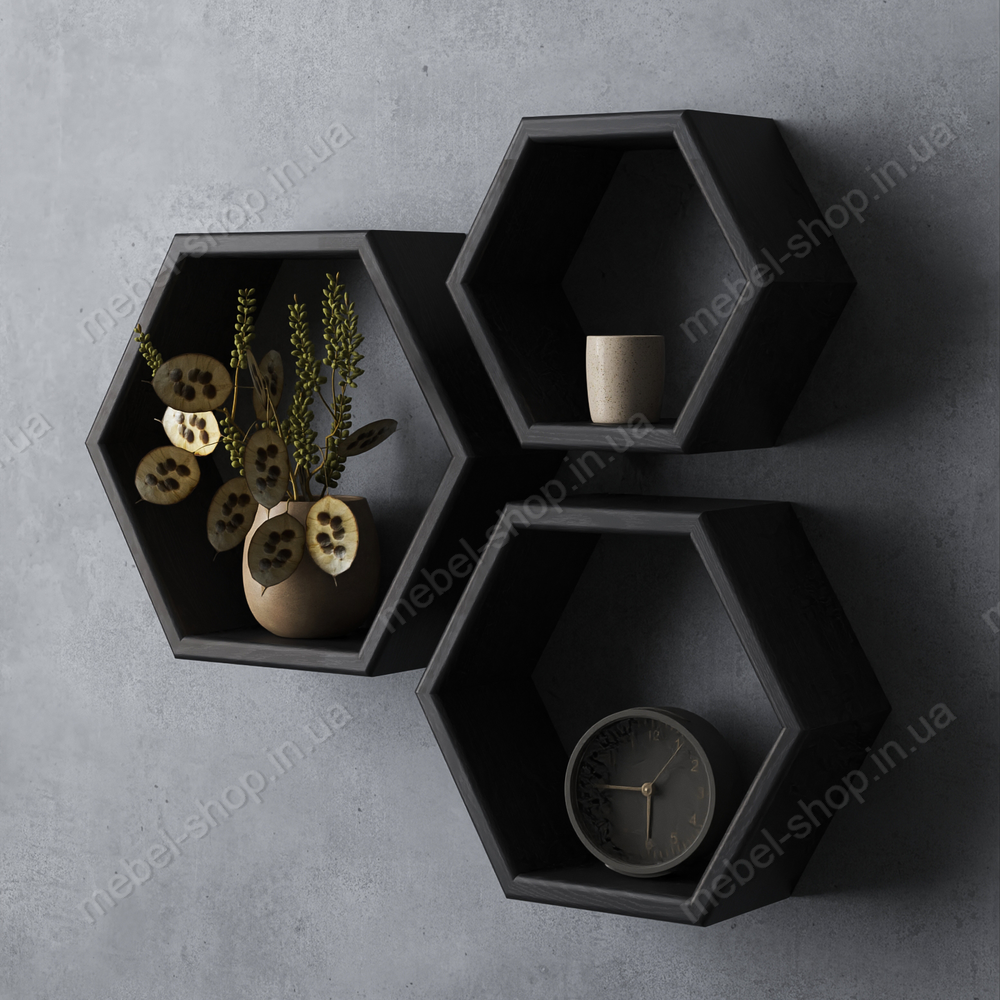 Комплект навісних полиць Соти для стіни з дерева, комплект настінних полиць, у комплекті 3 полиці, фото 1