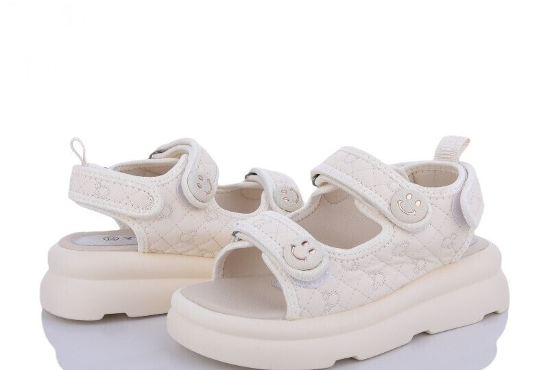 Дитячі літні босоніжки в бежевому кольорі для дівчинки зі вставкою смайлика, фото 1