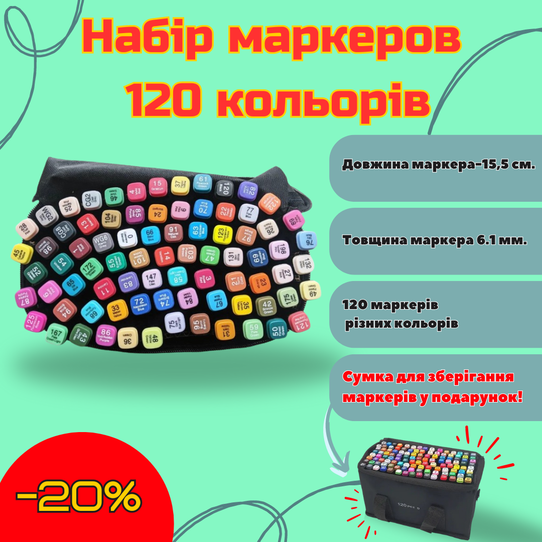 Скетч маркери якісний набір 120 кольорів | Двосторонні спиртові фломастери для малювання, каліграфії та скетчингу у сумці-чохлі