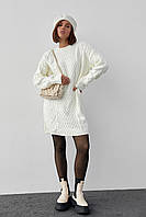 Вязаное платье-туника с узорами из косичек и ромбов - молочный цвет, L (есть размеры) at