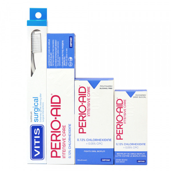 PERIO-AID 0.12% комплект: ополіскувач 150 мл, гель-паста 75 мл, щітка VITIS SURGICAL, спрей