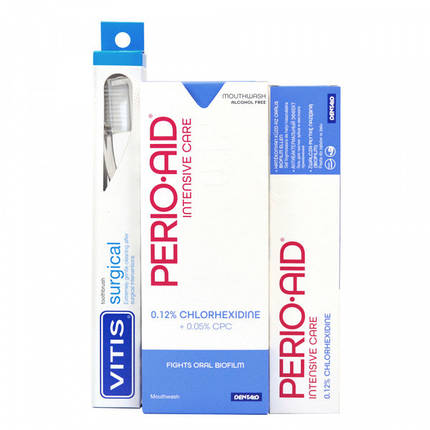 PERIO-AID 0.12% комплект: ополіскувач 500 мл, гель-паста 75 мл, щітка VITIS SURGICAL, фото 1