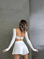 Женский модный привлекательный короткий топ с рукавом и открытой спиной на крючке из вискозы белого цвета