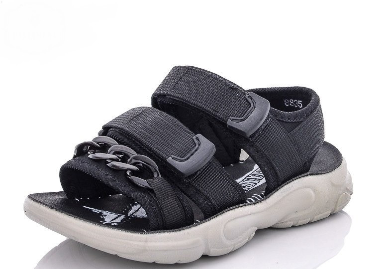 Дитячі літні текстильні босоніжки в чорному кольорі для дівчинки з ланцюжком, фото 1