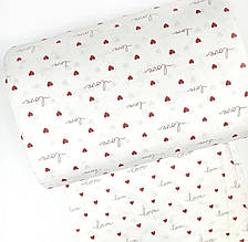 Сатин (бавовняна тканина) червоні сердечка love  (ширина 160см, 120г/м2)