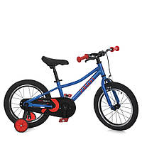 Детский двухколесный велосипед для мальчика PROFI 16 дюймов MB 1607-2 с дополнительными колесами, синий