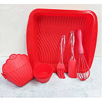 Набор кухонных силиконовый принадлежностей для выпечки: формы(7шт), лопатка, венчик, кисть, прихватка Красный