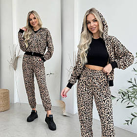 Жіночий спортивний костюм на змійці з капюшоном принт леопард