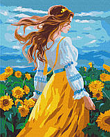 Картина по номерам 50*60 см Девушка в поле подсолнухов. Украинский сюжет Оригами LW 32490 большой размер