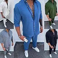 Чоловічий костюм сорочка і брюки льон 44-46 48-50 52-54 чорний, сірий, хакі, Молочний,джинс
