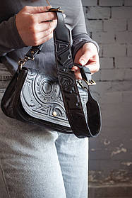 Авторська сумка із італійської преміальної шкіри. Маленька шкіряна сумка на плече чорна Ход Часу