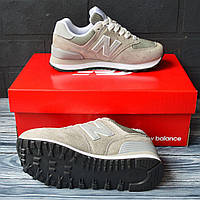 Женские брендовы кроссовки New Balance 574 Gray замшевые вставки сетке беленс, баланс серо-бежевый цвет 36