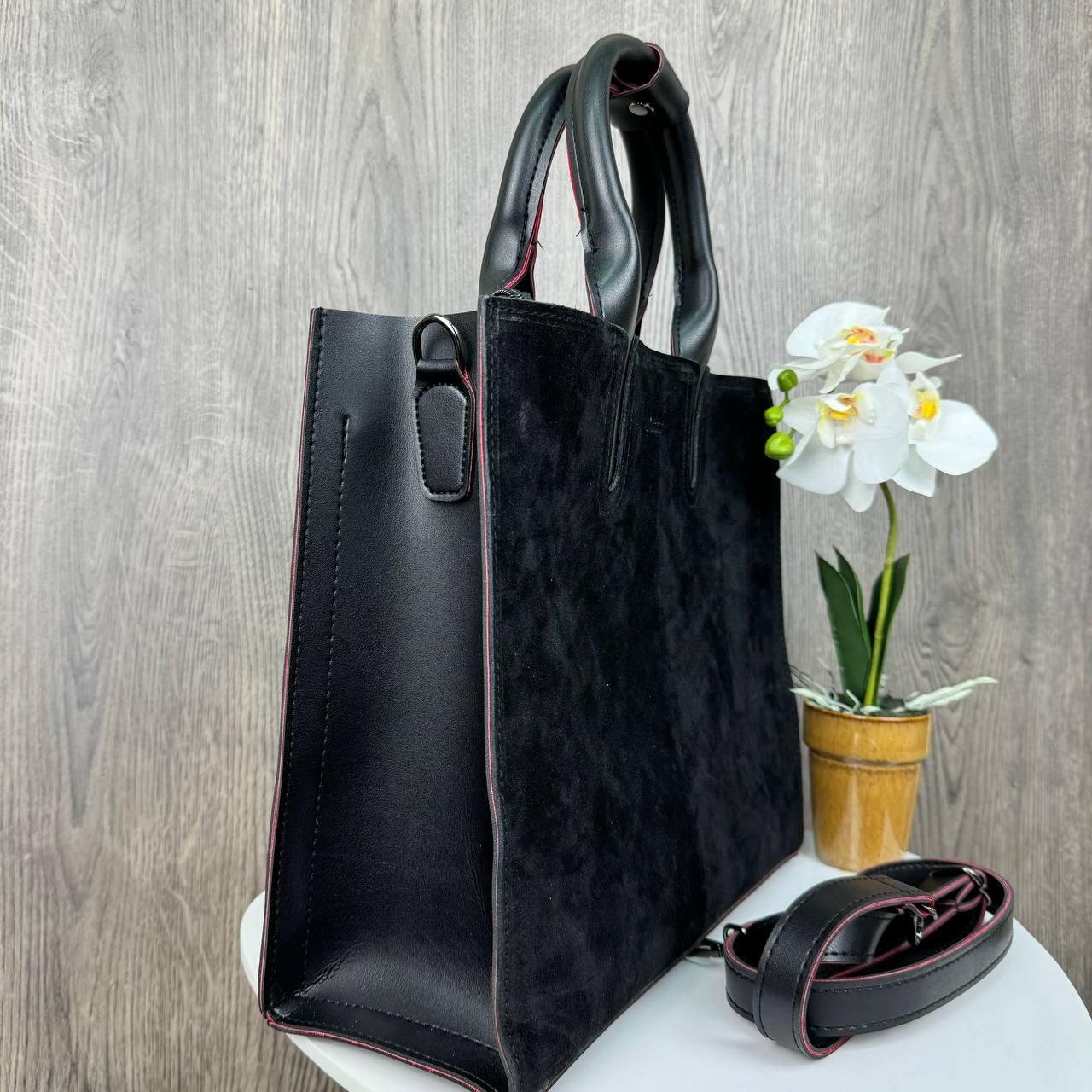 Замшевая женская сумка большая черная, женская сумочка из натуральной замши и эко кожа Im_1300 - фото 2 - id-p2182630480