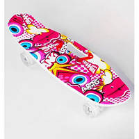 Скейт Пенні борд круїзер із ручкою C 40311 Best Board PU світні Рожеве графіті