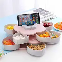 Обертова тарілка-органайзер для закусок фруктів і солодкого Kitchen Boxes з підставкою під телефон, рожева