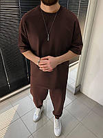 Спортивный костюм мужской и женский парный весенний летний комплект футболка + штаны оверсайз коричневый