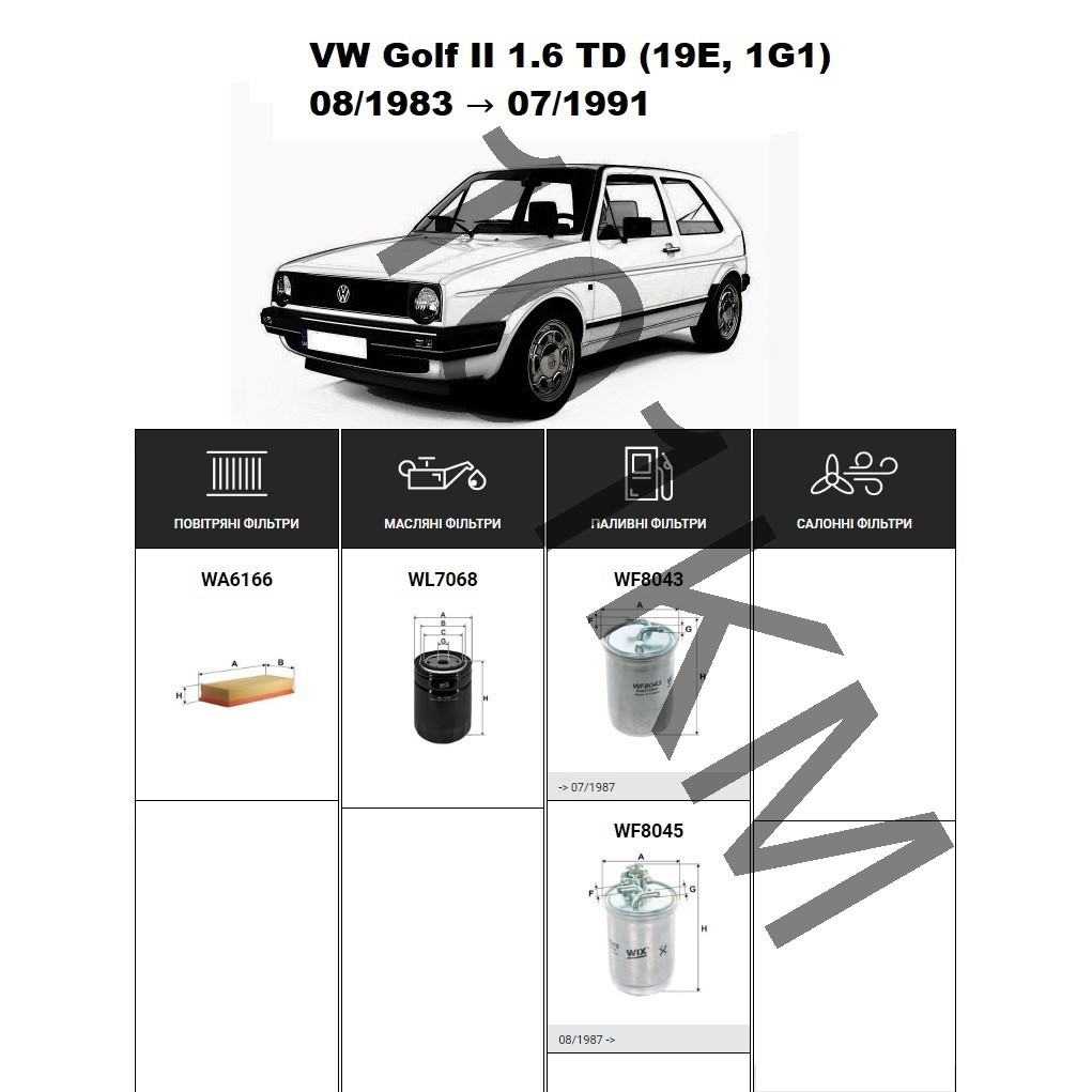 Комплект фільтрів VW Golf II 1.6 D/TD (1983-1991) WIX, фото 1