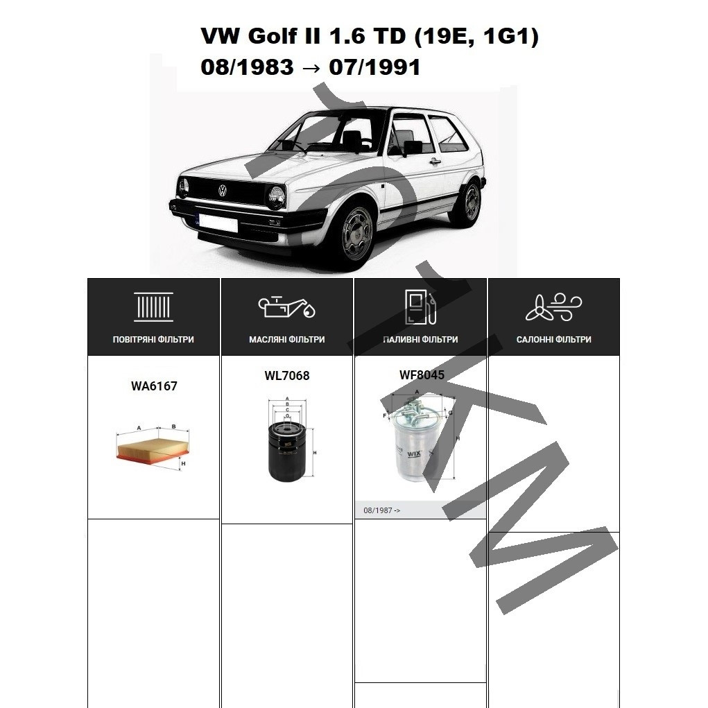 Комплект фільтрів VW Golf II 1.6 TD (1989-1991) WIX, фото 1