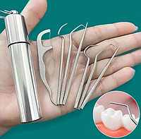 Набор инструментов для чистки зубов WOW Комплект зубочисток 7в1 из нержавеющей стали в футляре
