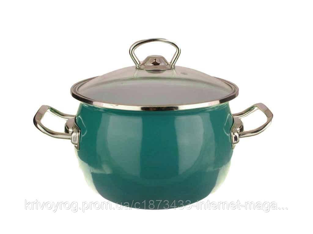 Каструля ем. 3,5л сферична з н/ж фурнітурою та скляною кришкою Темно-бірюзова ТМ IDILIA, фото 1