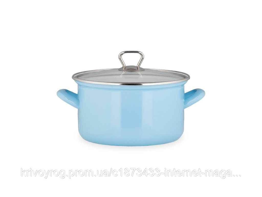 Каструля емальована з скляною кришкою 22см, блакитна 4,6л ТМ BIOL, фото 1