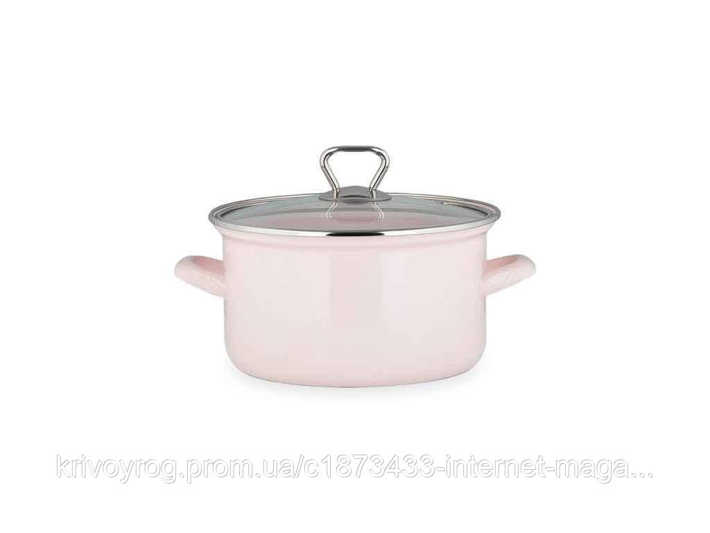 Каструля емальована з скляною кришкою 22см, рожева 4,6л ТМ BIOL, фото 1