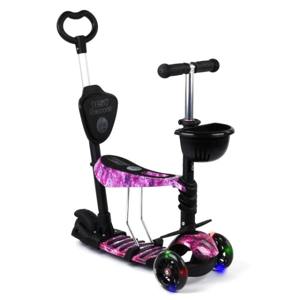 Самокат триколісний 5в1 з батьківською ручкою та кошиком Scooter, фото 1