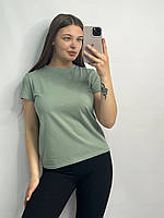 Женская футболка 100% хлопок размер S оливковая однотонная базовая футболка удлиненная прямой крой