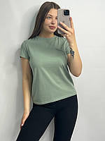 Женская футболка 100% хлопок размер L оливковая однотонная базовая футболка удлиненная прямой крой
