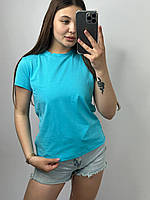 Женская футболка 100% хлопок размер S бирюзовая однотонная базовая футболка удлиненная прямой крой