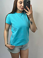 Женская футболка 100% хлопок размер XL бирюзовая однотонная базовая футболка удлиненная прямой крой