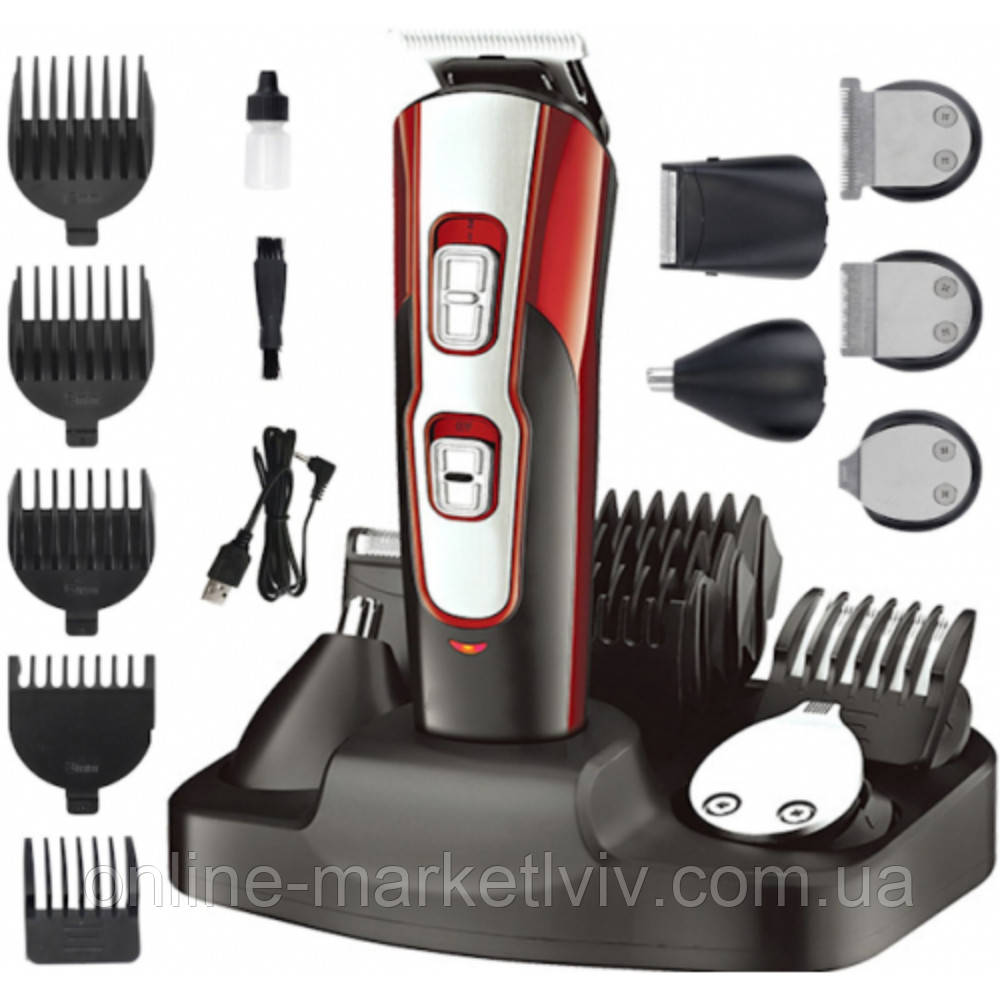 Машинка для стрижки 10в1 GM-592, Червона / Універсальна електробритва-триммер з насадками / Акумуляторна бритва, фото 1