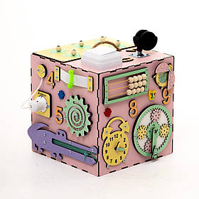 Бізікуб-сортер розвиваючий для дівчаток з дерева Рожевий 23х23х23 см