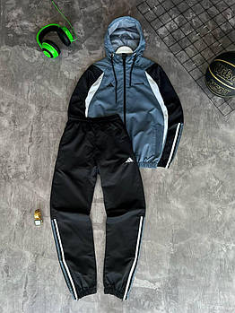 Чоловічий спортивний костюм Adidas Вітровка + Штани блакитний з чорним Комплект Адідас із плащівки весняний