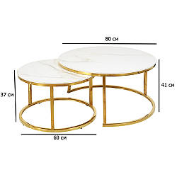 Журнальний столик круглий подвійний Alabama A глянцева кераміка під мармур на золотому каркасі у залі