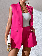 Малиновый женский классический лёгкий качественный костюм из костюмки: удлинённая Жилетка и Шорты с карманами
