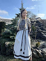 Сукня жіноча вишиванка з фатиновими рукавами ЦВІТИ льон норма розмір 42-48, чорно-білого кольору