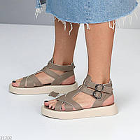 Стильные кожаные женские босоножки с открытым носком, летние сандали для женщин из кожи флотар Темный мокко, 37