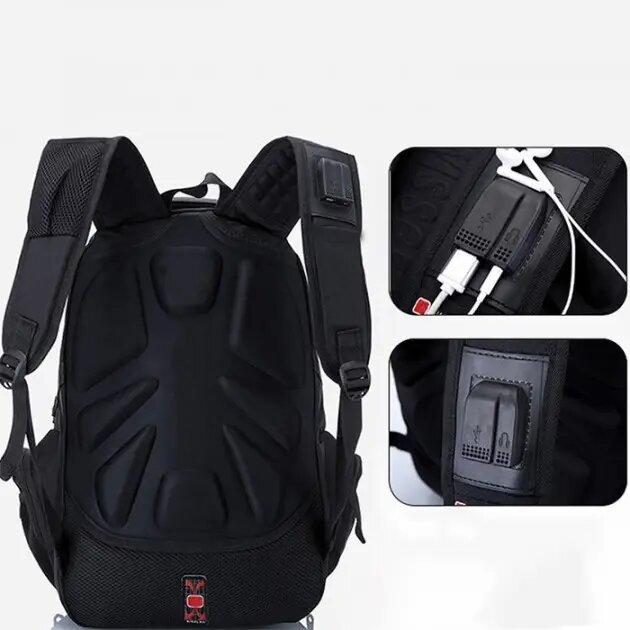 Рюкзак універсальний міський з USB і AUX виходами з дощовиком, 50*33*25 см рюкзак Swiss Bag 8810 Чорний - фото 7 - id-p2182921660