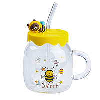 Чашка 500 (мл) с силиконовой крышкой и трубочкой кружка непроливайка для детей пчелка