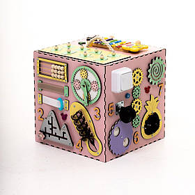 Дитячий ігровий розвиваючий бізікуб з дерева для дівчаток Рожевий 30х30х30 см