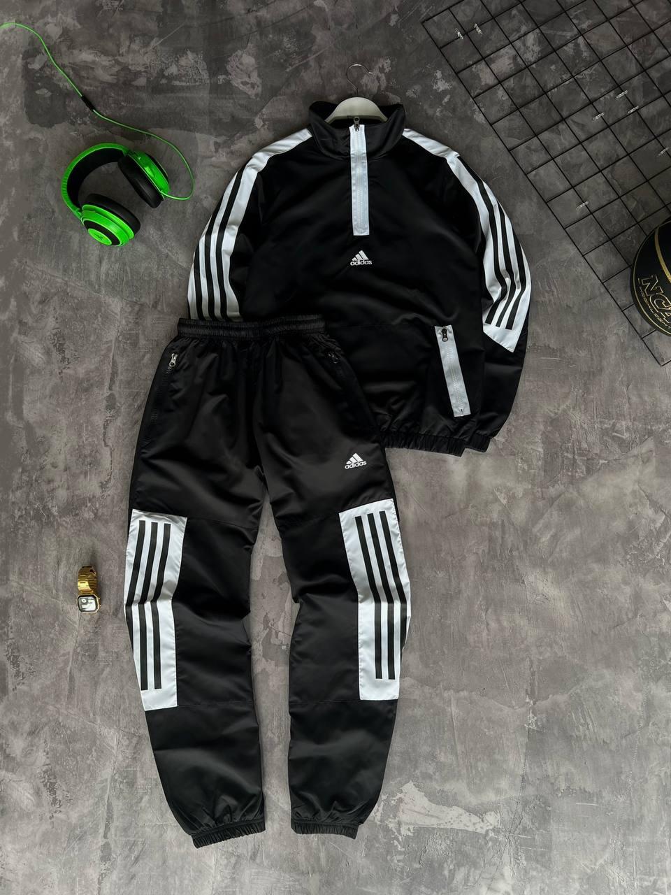 Чоловічий спортивний костюм Adidas Вітровка + Штани чорний з білим Комплект Адідас із плащівки весняний