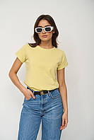 Женская футболка 100% хлопок размер S желтая однотонная базовая футболка удлиненная прямой крой